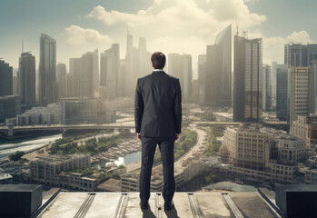 Businessman in suit standing in the city