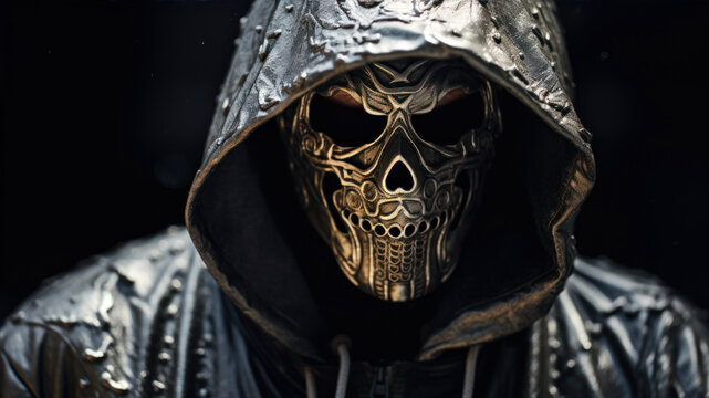 Person with silver skull mask and hooded jacket