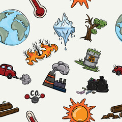Colorful seamless pattern with symbols and icons of global warming, climate change and environmental pollution