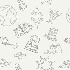 Seamless pattern with symbols and icons of global warming, climate change and environmental pollution