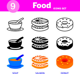 Soup, Salmon, Donut icon set Vector, editable and resizable