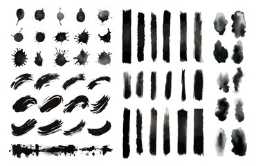 Set of black isolated watercolor brush strokes. Vector illustration. Grunge texture. 
