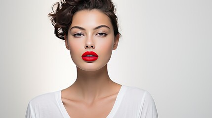 Model displaying a bold red lip, emphasizing the contrast, set against a minimalist white background