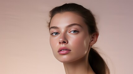 Model in a minimalist beauty look, with a focus on flawless skin, set against a simple beige background