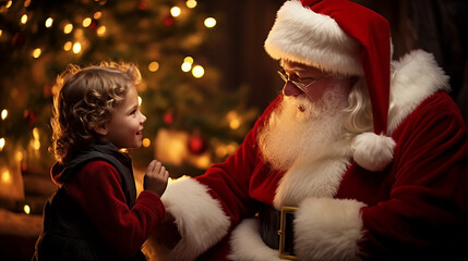 Fototapeta na wymiar A child talking with Santa Claus on christmas