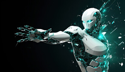 Humanoid robot reaching hand toward futuristic concept