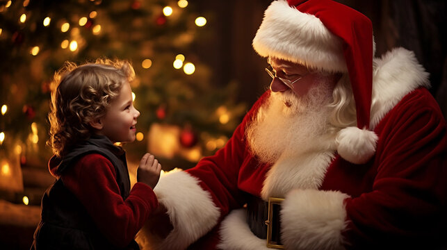 A child talking with Santa Claus on christmas