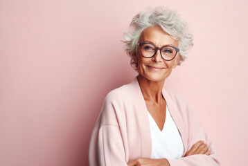 Portrait of attractive elderly happy laughing woman with gray hair wearing glasses over pink background. AI generated - obrazy, fototapety, plakaty