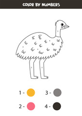 Color cartoon emu ostrich by numbers. Worksheet for kids.