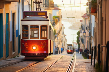 funicular on city streets in background of tourist. Travel concept of vacation and holiday.  - obrazy, fototapety, plakaty