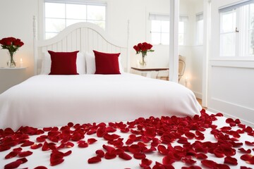 picture of heart-shaped red rose petals on a white bed