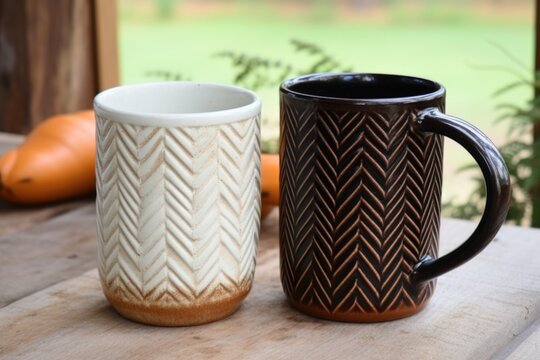 a chain store coffee mug next to a handmade ceramic coffee mug