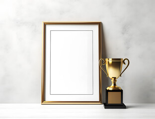 Realistic Golden Trophy For Winner And Photo Frame On A Shelf