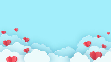 Paper cut hearts on blue background with clouds. Design for Valentine’s, Mother’s and Women’d Day. Vector illustration