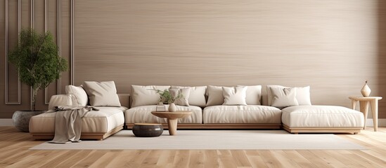 Elegant living room with large beige sofa and wooden decor With copyspace for text