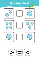 More less or equal. Educational math game for kids. Printable worksheet design for preschool, kindergarten or elementary students. Activity page for children.