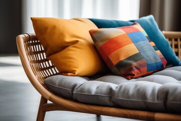 Сouch with colored pillows. Close-up of pillow on chaise table in interior of living room.