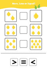More less or equal. Educational math game for kids. Printable worksheet design for preschool, kindergarten or elementary students. Activity page for children.