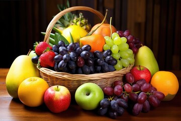 a basket of mixed fruits, some cut to reveal calories