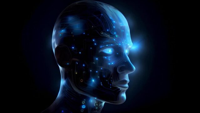 Silhouette of a human head in motion, technology concept, use of artificial intelligence, design, science, generative AI.