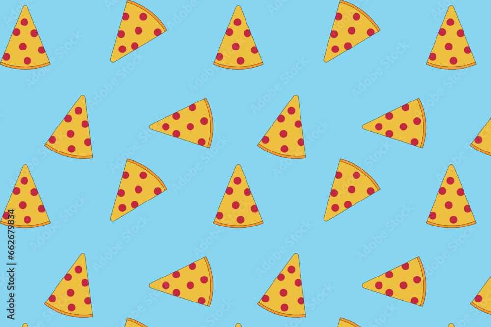 Poster pizza seamless pattern. fabric texture with pizza slices.
