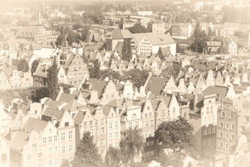 Gdansk, Poland. Polish landmark. Old postcard style - vintage paper sepia tone retro style.