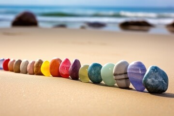 round stones aligned vertically on sand, colored to match chakras - obrazy, fototapety, plakaty