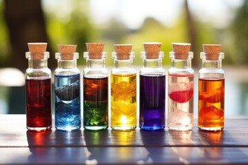 differently colored chakra healing oils in small bottles