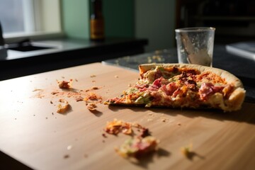 a half-eaten slice of pizza on a kitchen table