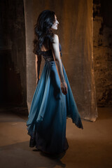 Fototapeta na wymiar An elegant and beautiful brunette in a chic evening dress, a blue dress with a long flowing skirt to the floor. photo in dark colors on a textured wall, warm light