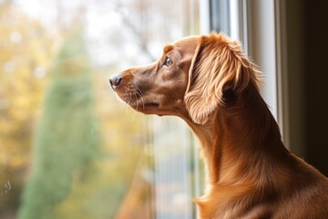 a dog looking longingly out a window - obrazy, fototapety, plakaty