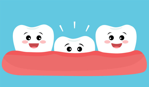 Cute baby, milk or primary tooth growing up cartoon character in flat design.