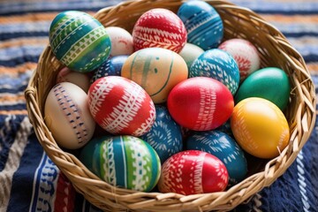 Fototapeta na wymiar painted eggs of various colors arranged in a straw basket