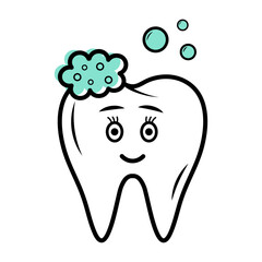 Tooth cute character with toothpaste and bubbles. Linear doodle icon with blue shape. Dental care. Teeth cleaning.