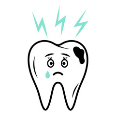 Tooth cute sad character with caries crying. Linear doodle icon with blue lightning icon. Tooth pain, gum problem, dental treatment, dental care concept.