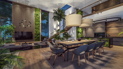 3d rendering of expensive cozy interior with green walls with living dining zone stair and kitchen for sale or rent. Warm interior lightinrendering of expensive cozy interior with green walls in night