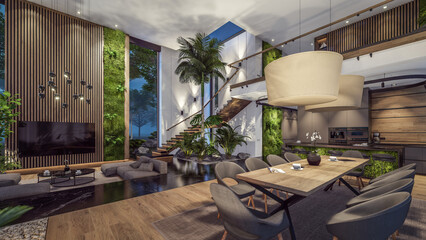 3d rendering of expensive cozy interior with green walls with living dining zone stair and kitchen for sale or rent. Warm interior lightinrendering of expensive cozy interior with green walls in night