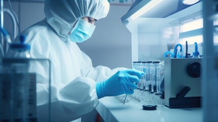 Naklejka premium Laboratory scientist in protective gear and blue gloves operating equipment in research lab