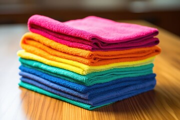 vibrant colored microfiber cleaning cloths in a pile
