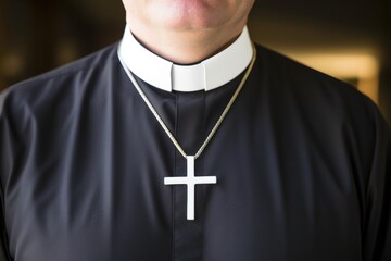 close-up of white clerical collar on black priest robe - obrazy, fototapety, plakaty
