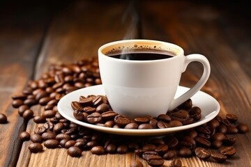 a filled coffee cup next to coffee beans on light wooden table