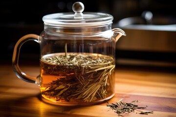 detail of loose leaf tea steeping in a clear glass teapot