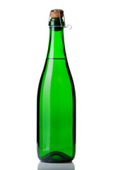 Green champagne bottle without label on white background