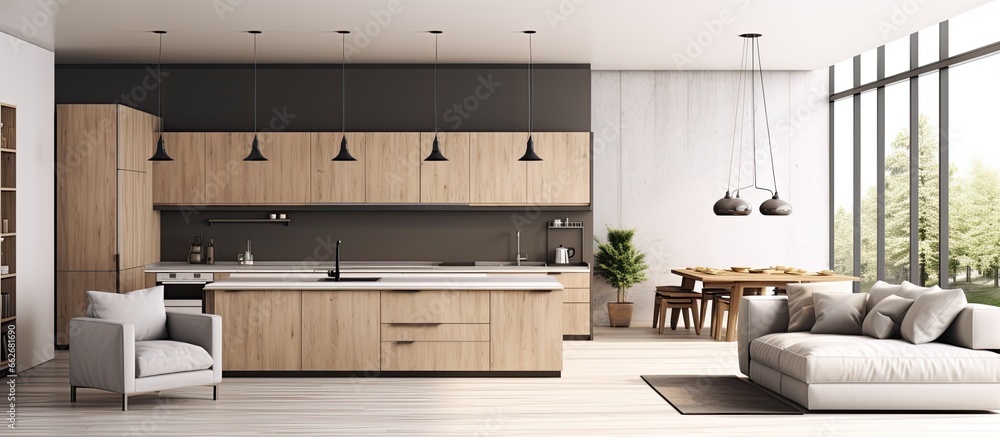 Poster Contemporary design spacious living area with kitchen With copyspace for text