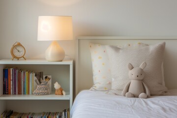 Children bedroom in bright light colors with a bookshelf and a teddy bear.