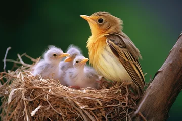 Muurstickers a bird feeding its chicks in a nest © altitudevisual