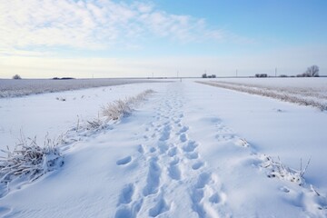 a snowy field with a path cleared down the center