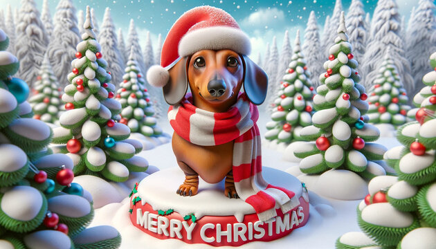 3D cartoon portrayal of a Dachshund, detailed and vibrant, wrapped up in a cozy Christmas scarf, standing amidst a winter wonderland reminiscent of the previous background. The snow-covered ground has