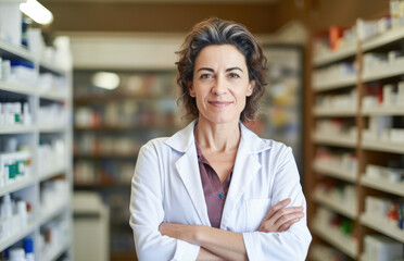 Portrait of a smiling confident female pharmacist working in a pharmacy. Standing with arms crossed in the drugstore.  - obrazy, fototapety, plakaty
