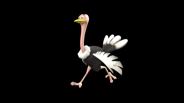 A Happy, Smiling, Animated Ostrich With A Yellow Beak, Featherless Long Pink Neck, And Legs Running On A Loop on Empty Transparent Background